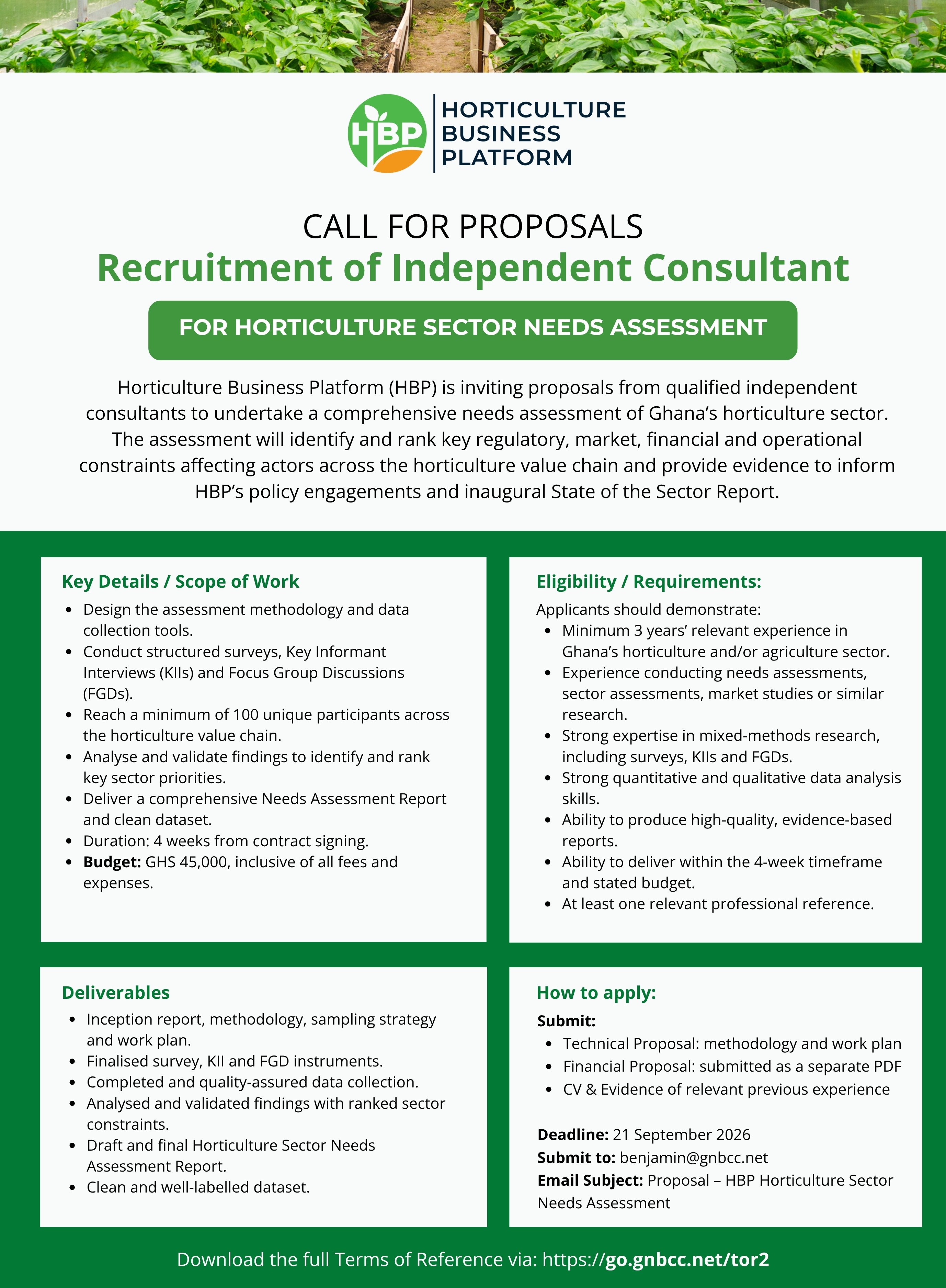 HBP Calls for Proposals for a Horticulture Sector Needs Assessment